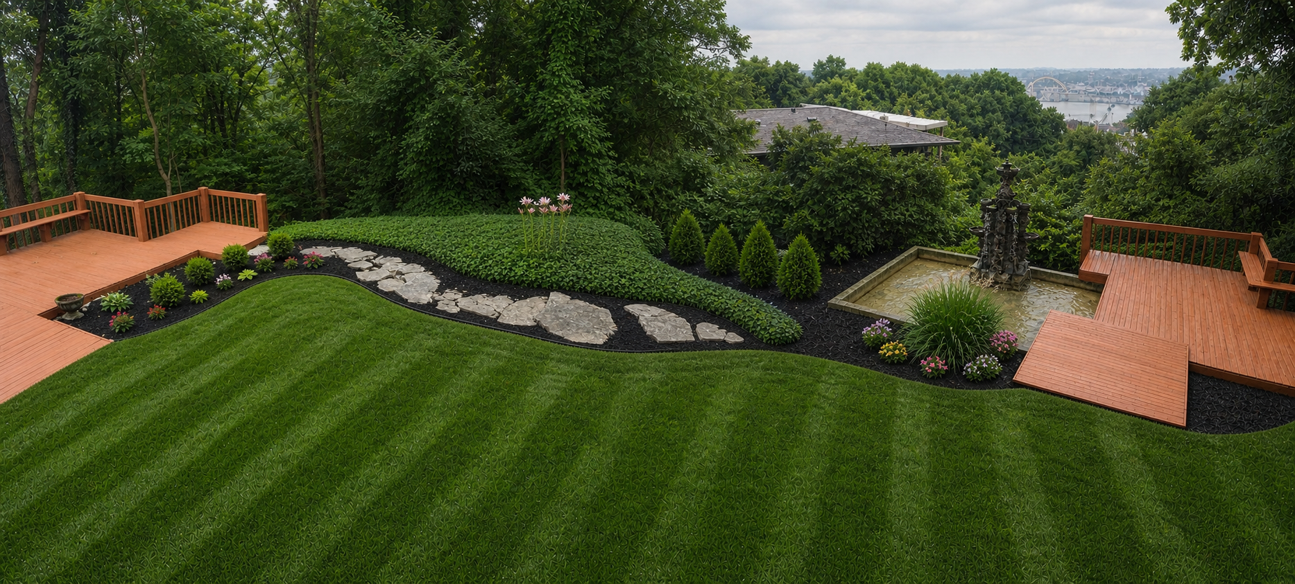 A panoramic backyard landscape design combining the deck, fountain, lawn, trimmed ivy, mulch beds, plantings and stepping-stone path