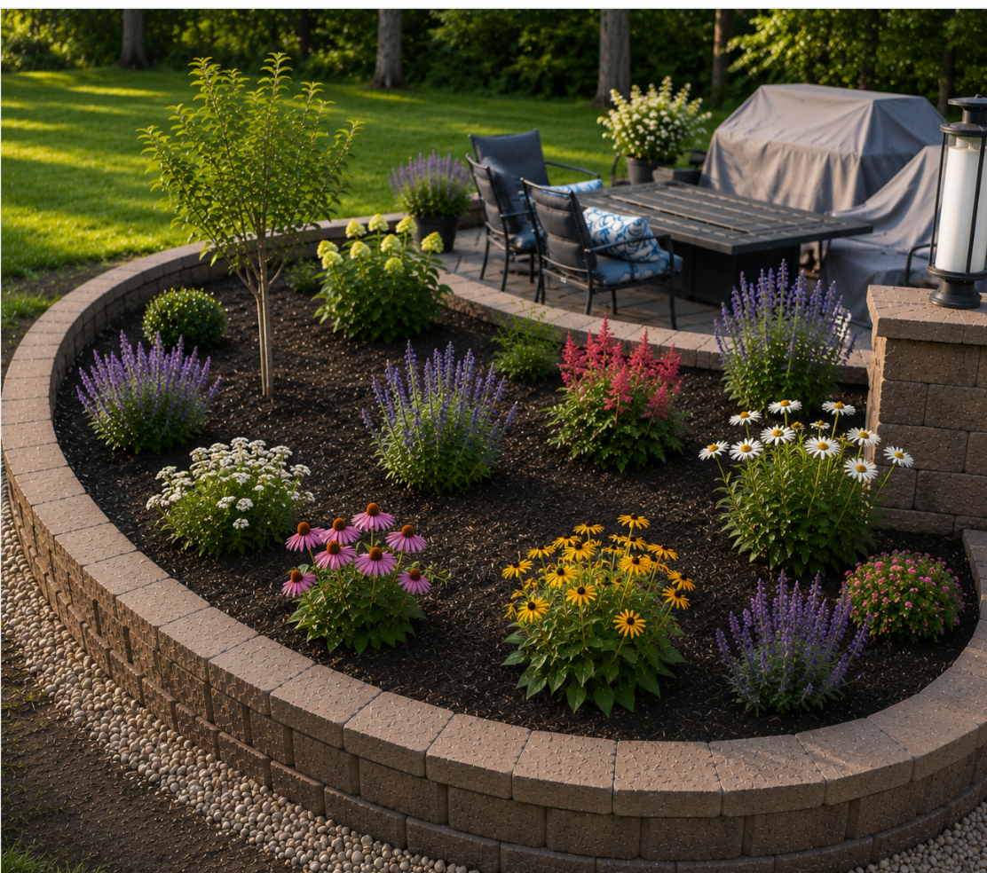 A colorful finished garden and patio surrounded by a green lawn